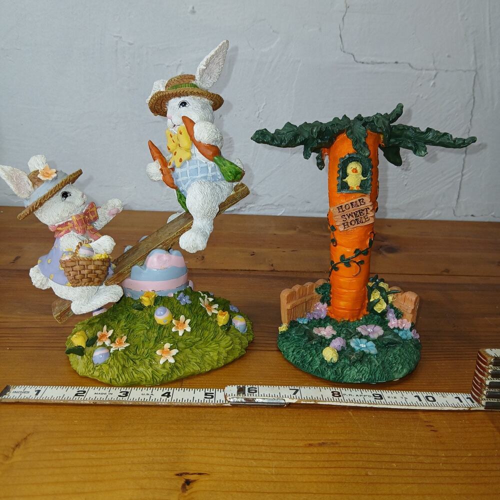 2 Vintage Easter Decorative Pieces Resin Bunnies On Teeter Tot Carrot Tree Set
